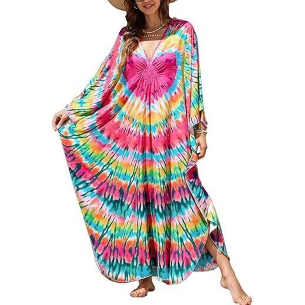 Boho Kaftan Plus Size Dress For Women, Batwing Sleeve Beach Cover Up, Casual - Picture 1 of 5